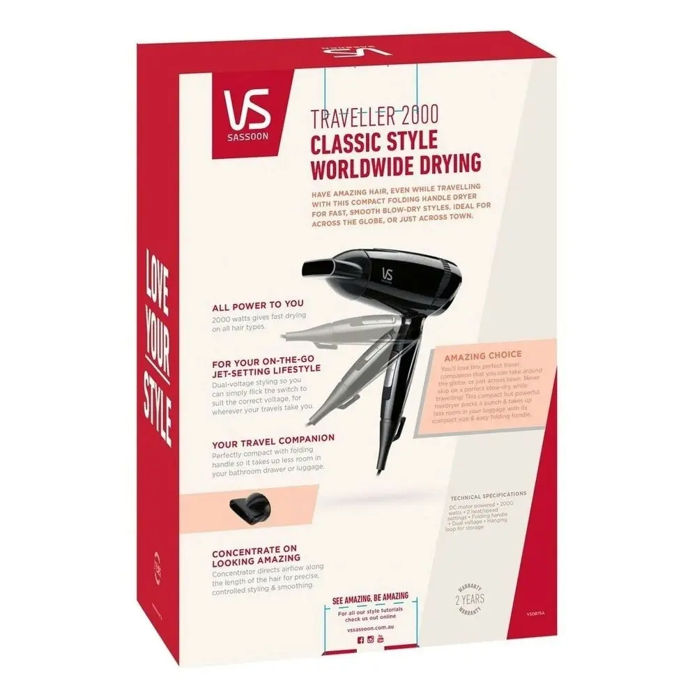 VS Sassoon Electric Traveller Compact Hair Dryer Hot Styling Tool 2000W