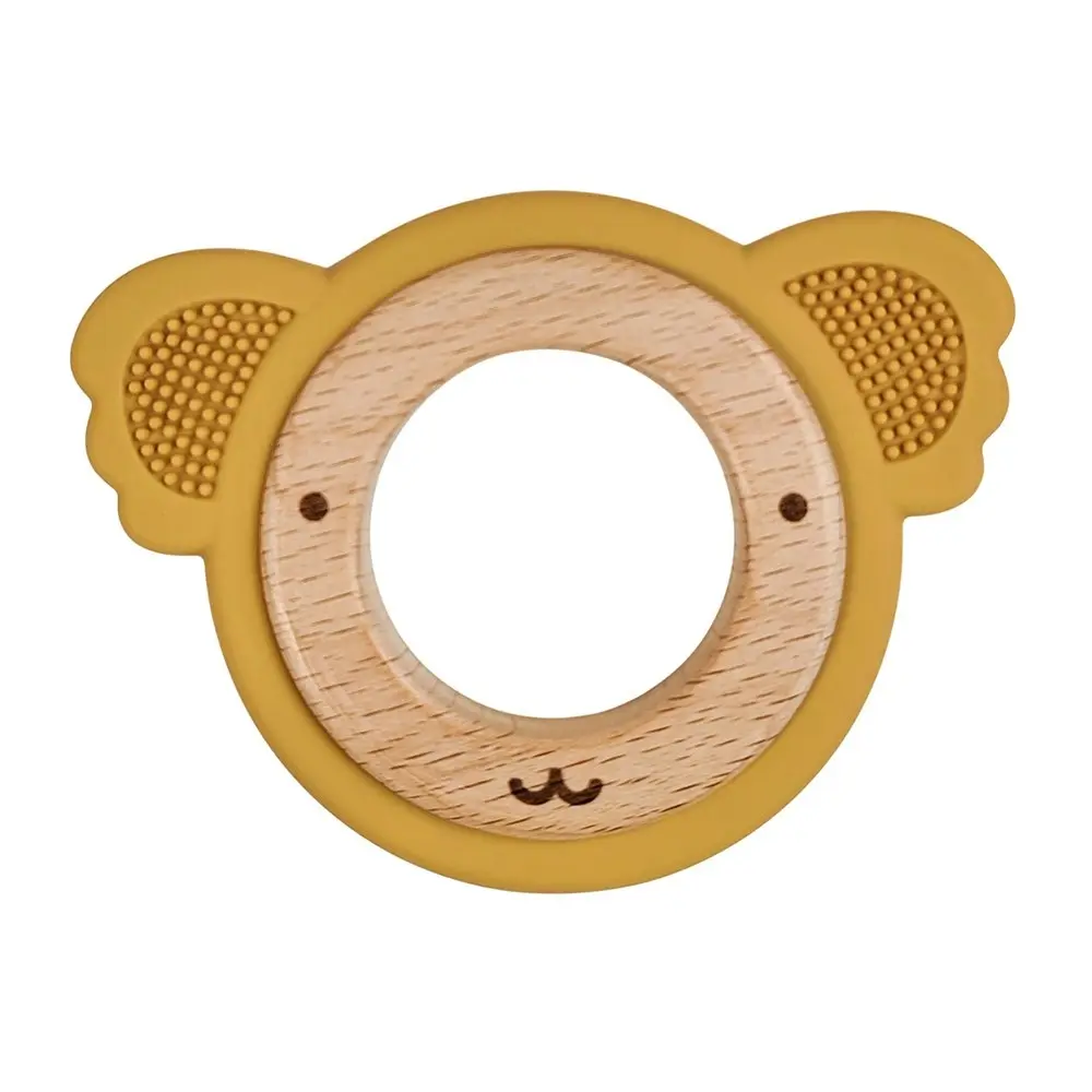 2x Urban Koala 8.5cm Silicone/Wood Teether Ring Baby Feeding Mustard/Natural