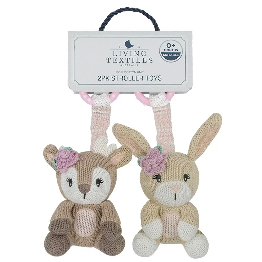 2pc Living Textiles Baby/Newborn Cotton Knitted Stroller Toys Fawn & Bunny