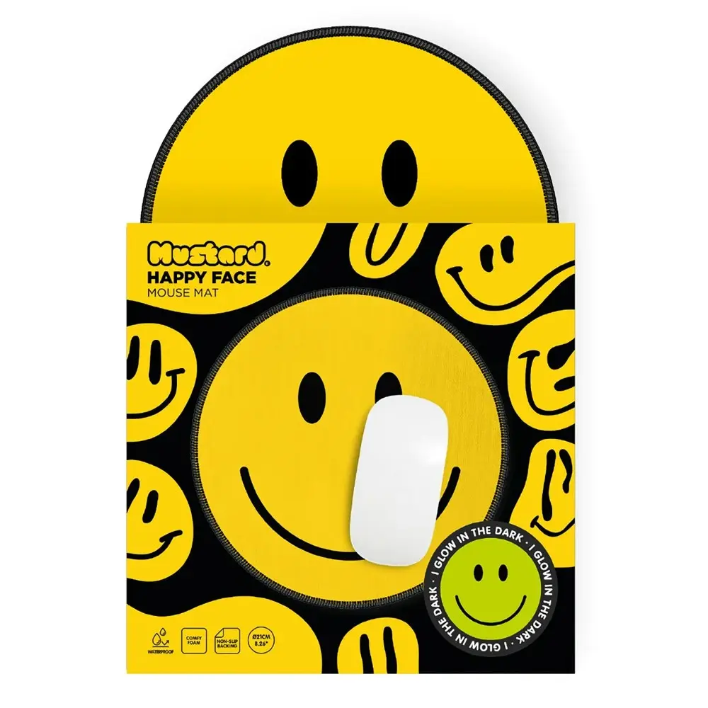 Mustard 21cm Happy Face Glow In The Dark Mouse Mat/Pad Desktop Accessory YLLW