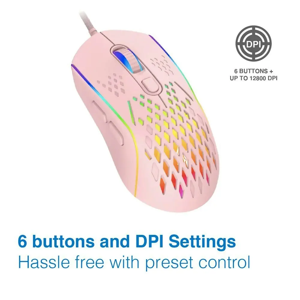 Laser Wired Gaming RGB LED Mouse 12800 DPI Optical For PC/Laptop Computer Pink