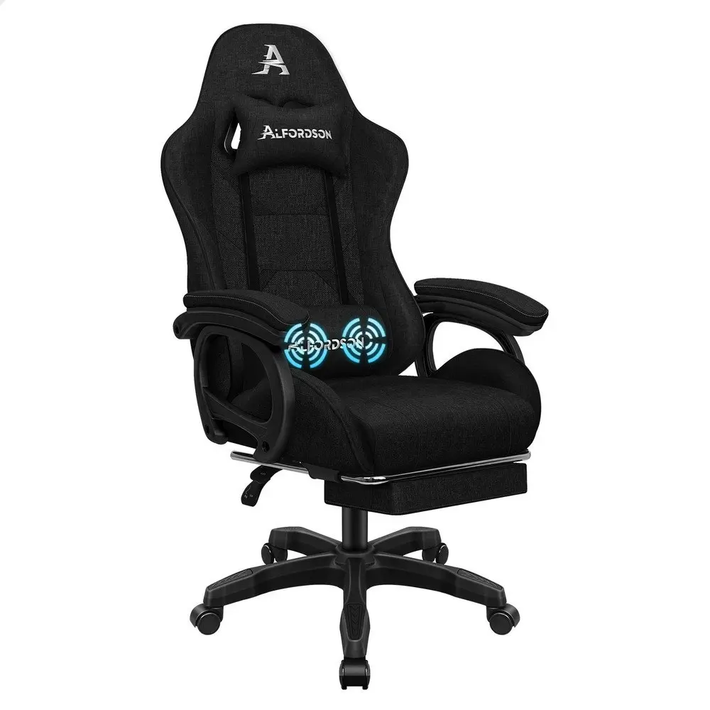 Alfordson Gaming Chair Office with 2-Point Massage Lumbar Pillow Fabric Black