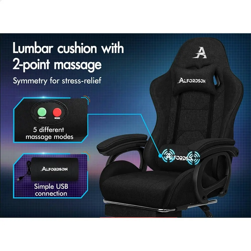 Alfordson Gaming Chair Office with 2-Point Massage Lumbar Pillow Fabric Black