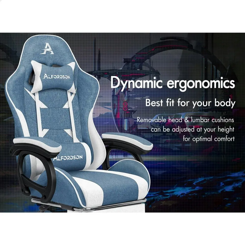 Alfordson Gaming Chair Office 2-Point Massage Lumbar Pillow Fabric Blue White