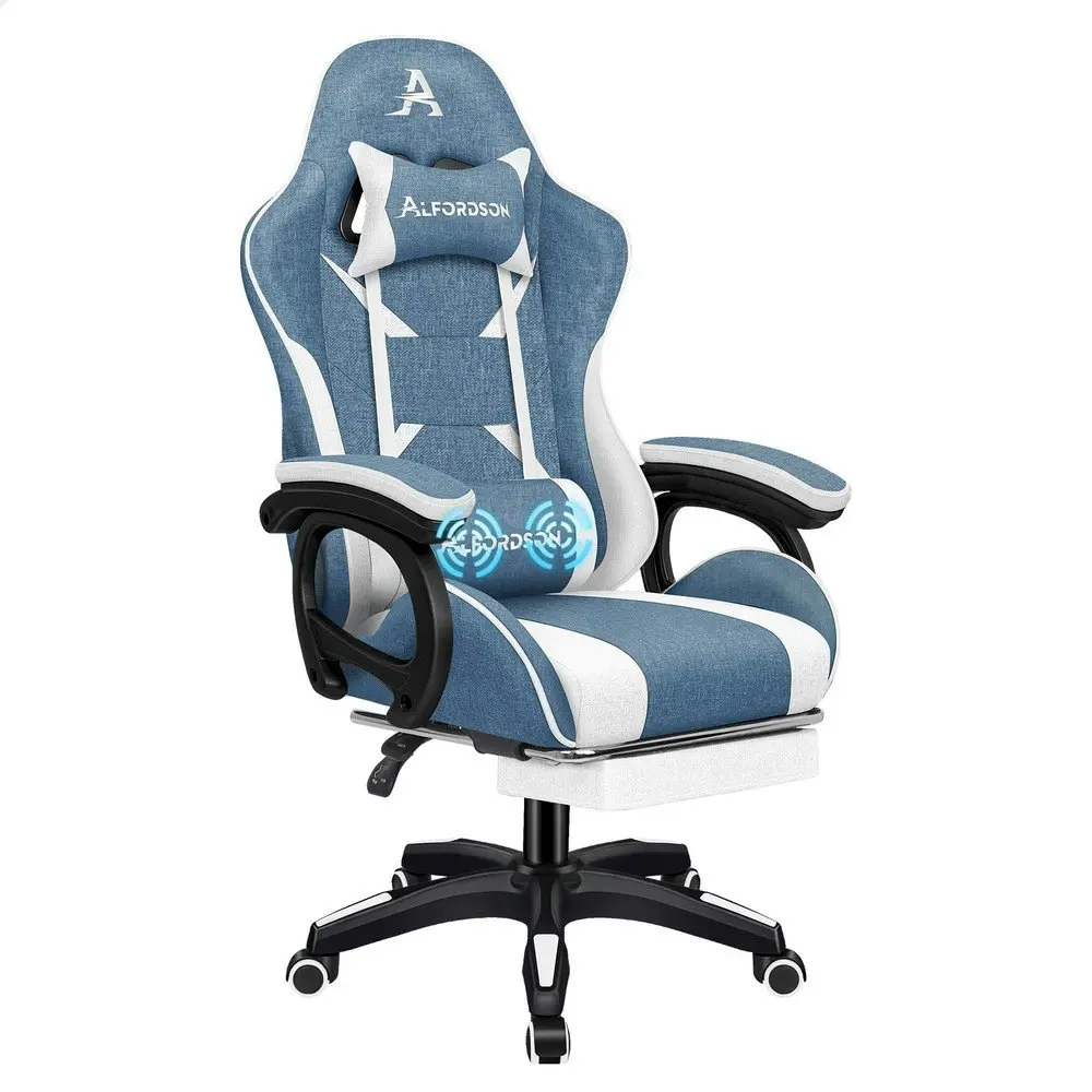 Alfordson Gaming Chair Office 2-Point Massage Lumbar Pillow Fabric Blue White