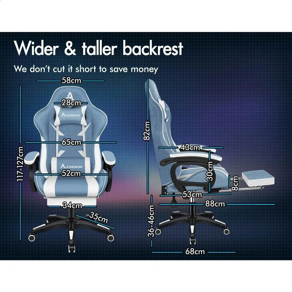 Alfordson Gaming Chair Office 2-Point Massage Lumbar Pillow Fabric Blue White