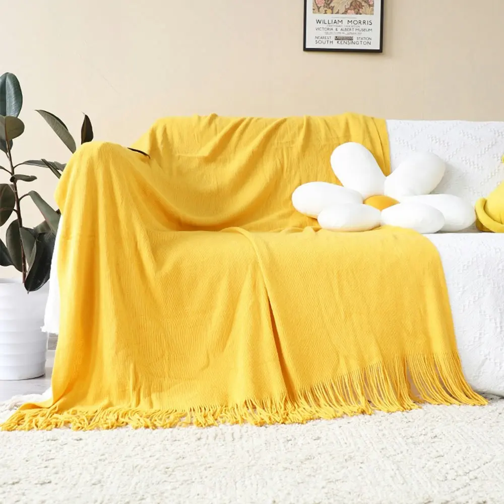 Soga Yellow Acrylic Knitted Throw Blanket Solid Fringed Warm Cozy Woven Cover Couch Bed Sofa Home Decor