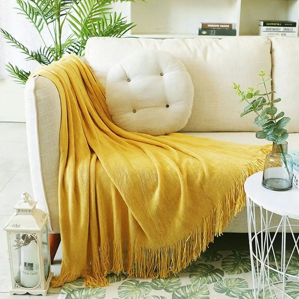 Soga Yellow Acrylic Knitted Throw Blanket Solid Fringed Warm Cozy Woven Cover Couch Bed Sofa Home Decor