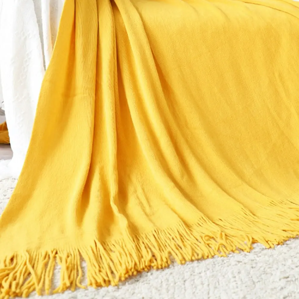 Soga Yellow Acrylic Knitted Throw Blanket Solid Fringed Warm Cozy Woven Cover Couch Bed Sofa Home Decor