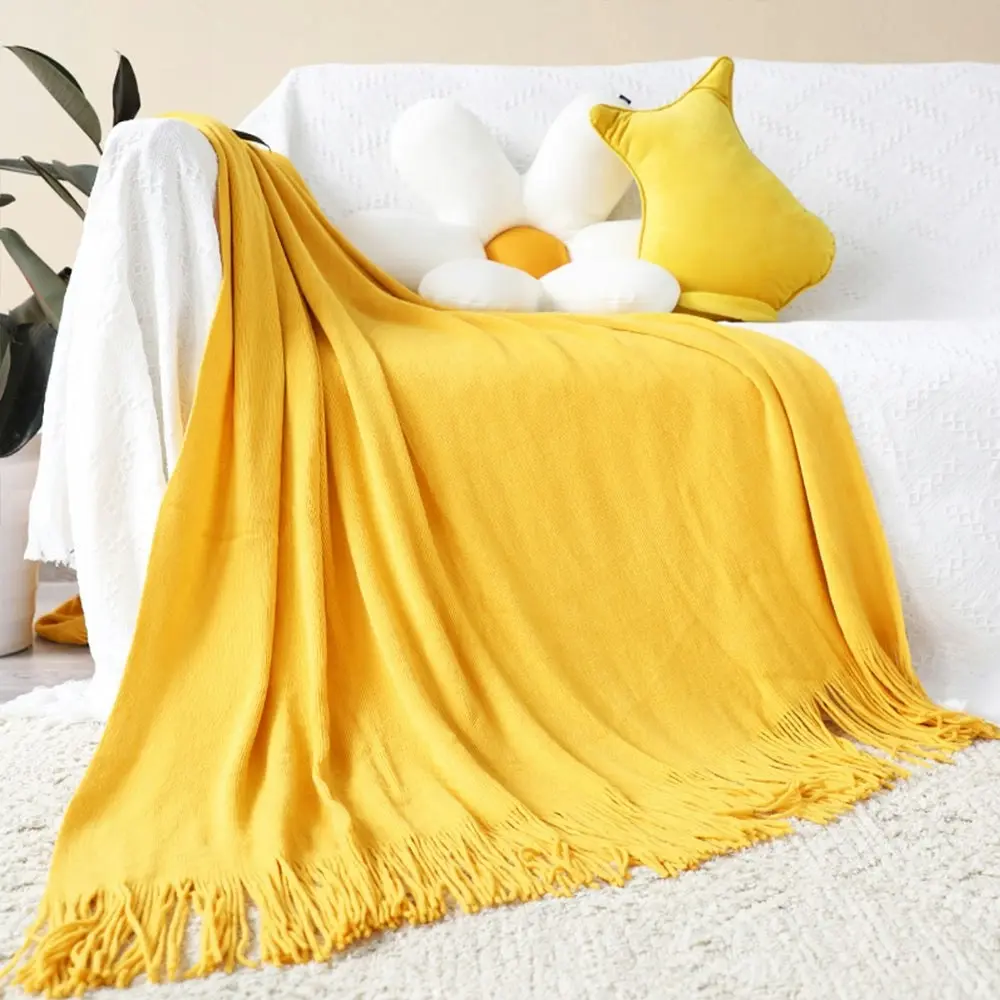 Soga Yellow Acrylic Knitted Throw Blanket Solid Fringed Warm Cozy Woven Cover Couch Bed Sofa Home Decor