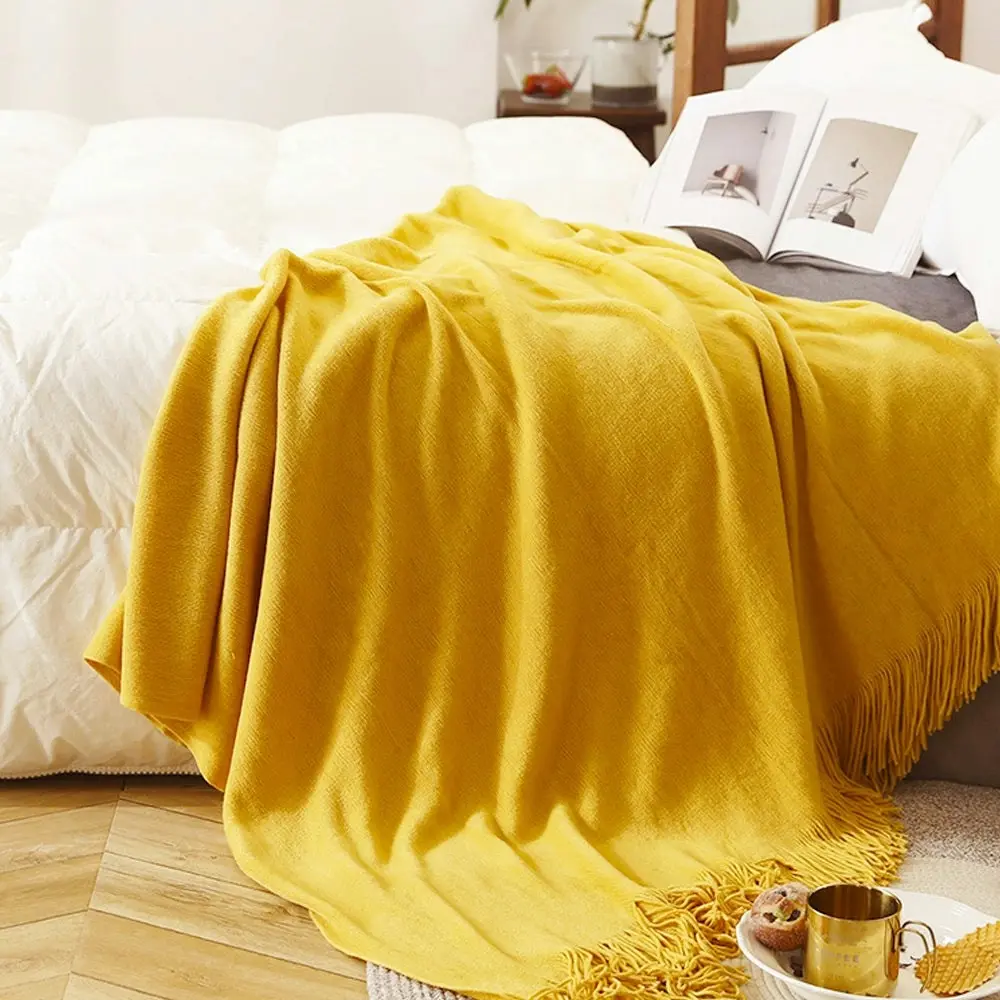 Soga Yellow Acrylic Knitted Throw Blanket Solid Fringed Warm Cozy Woven Cover Couch Bed Sofa Home Decor