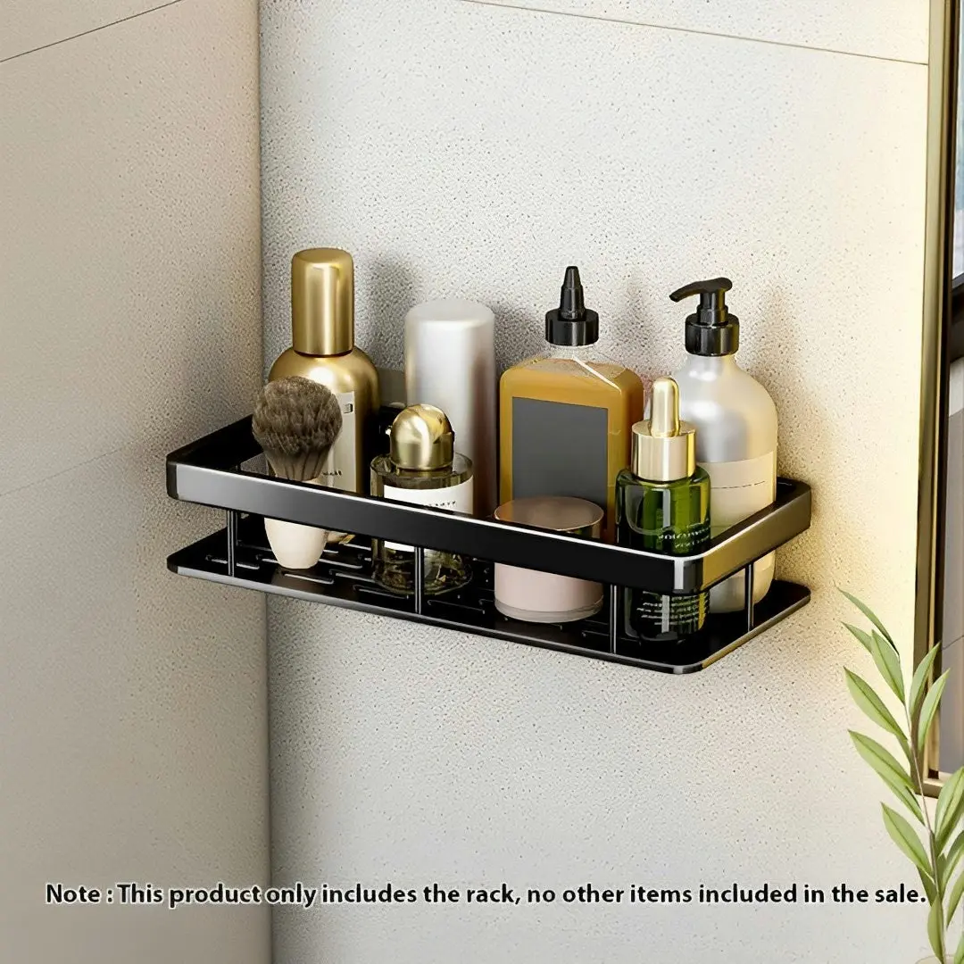 Soga Black Wall-Mounted Rectangular Bathroom Storage Organiser Space Saving Adhesive Shelf Rack