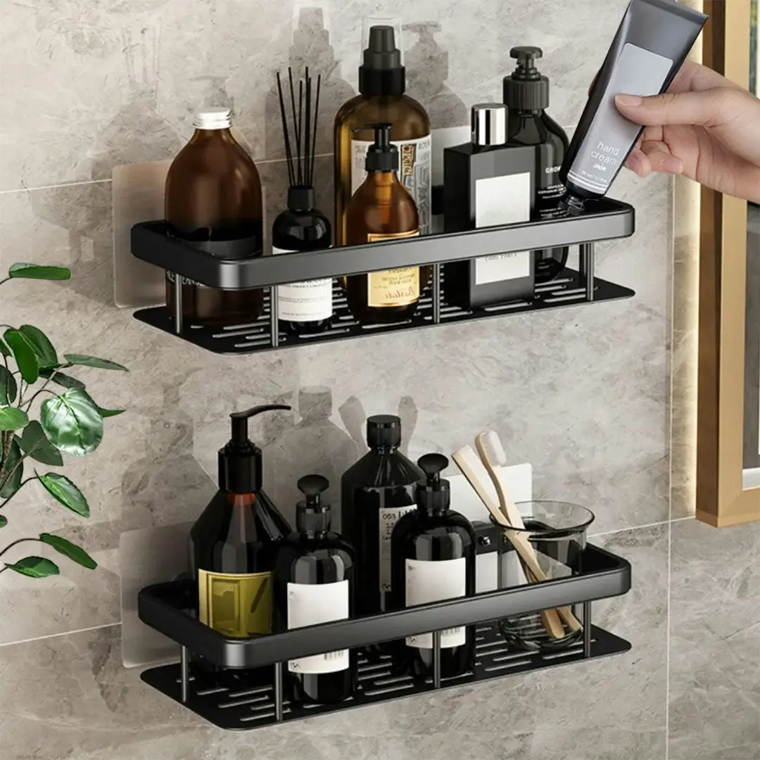 Soga Black Wall-Mounted Rectangular Bathroom Storage Organiser Space Saving Adhesive Shelf Rack