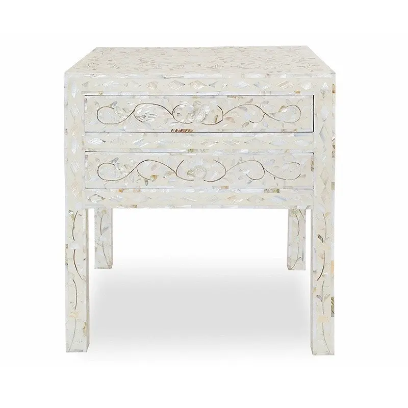 Zohi Interiors Mother of Pearl Inlay Bedside Table with 2 Drawers in White