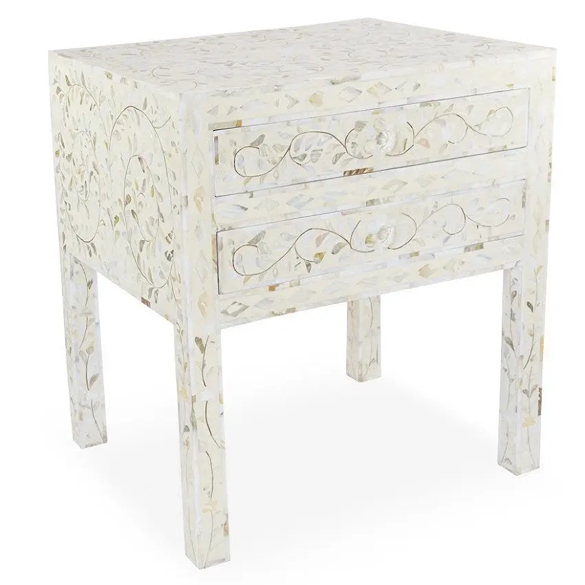 Zohi Interiors Mother of Pearl Inlay Bedside Table with 2 Drawers in White