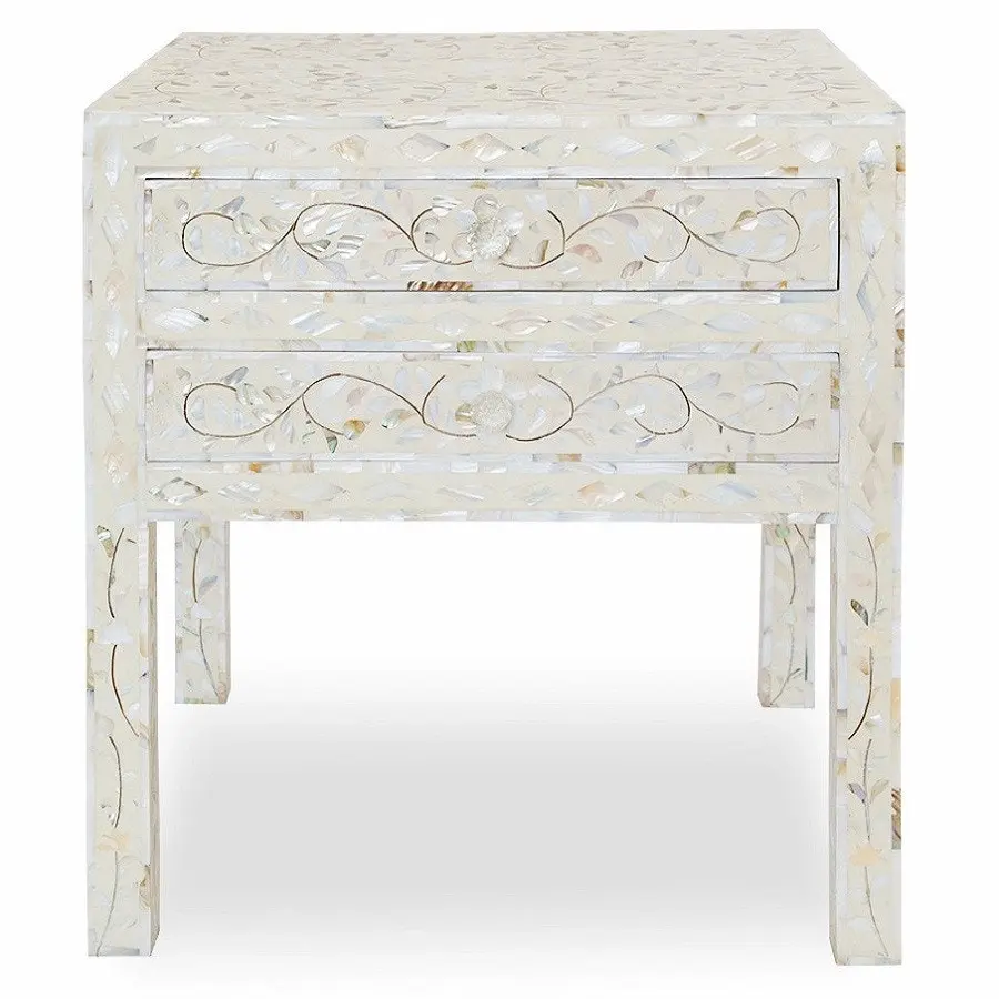 Zohi Interiors Mother of Pearl Inlay Bedside Table with 2 Drawers in White