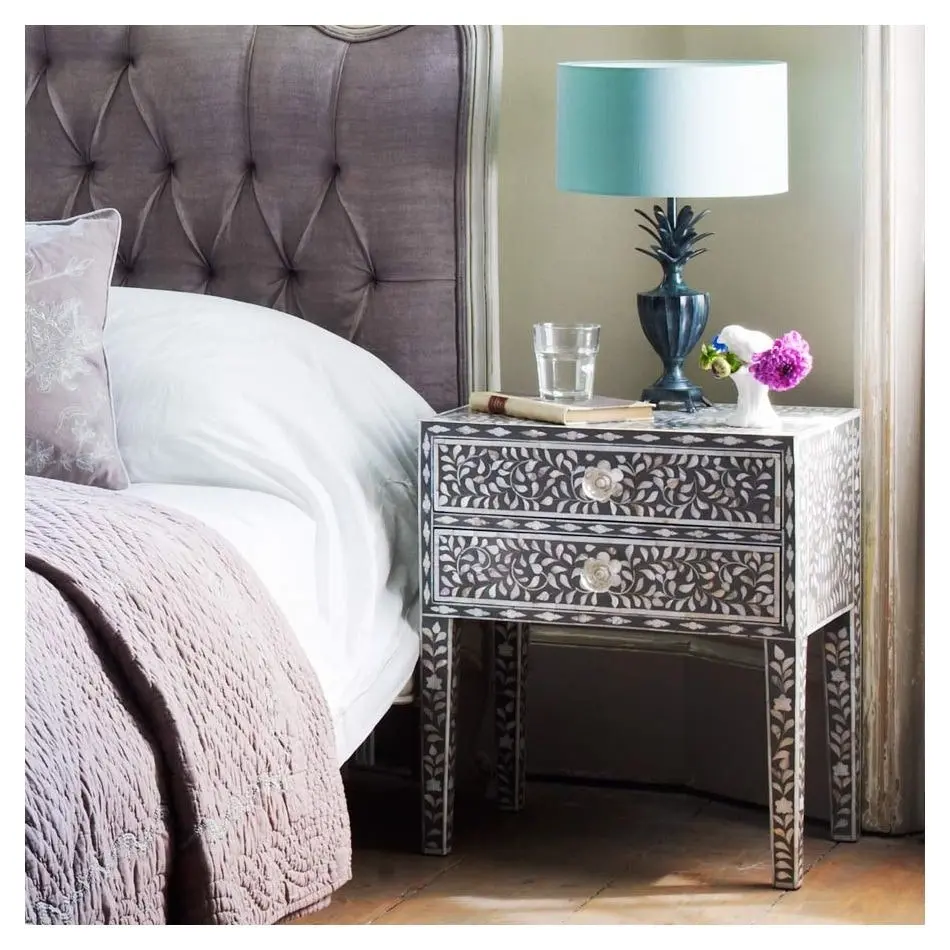 Zohi_Interiors Mother of Pearl Inlay Bedside Table with 2 Drawers in Grey