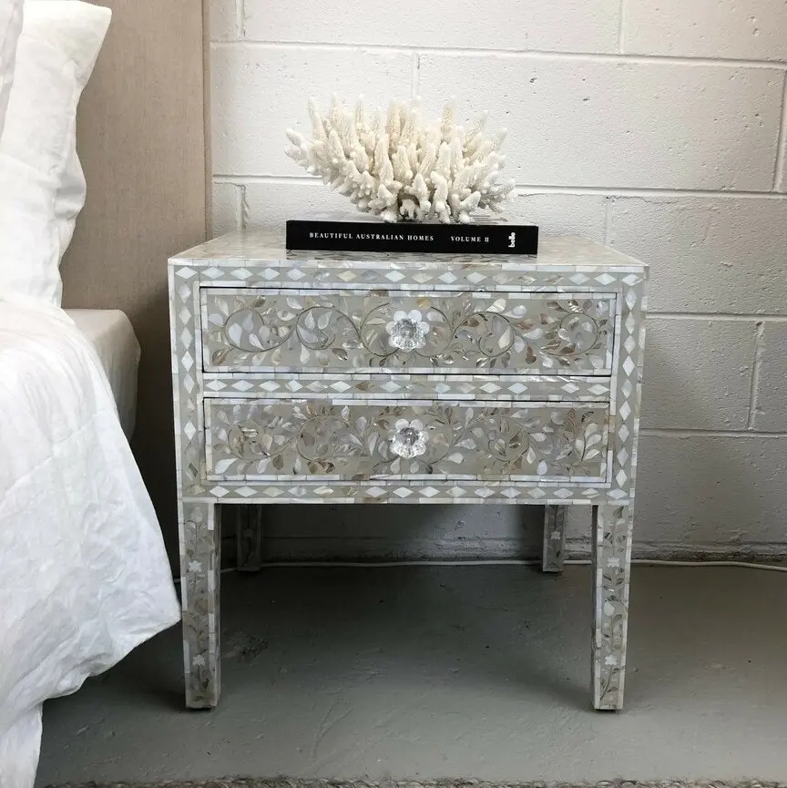 Zohi_Interiors Mother of Pearl Inlay Bedside Table with 2 Drawers in Grey