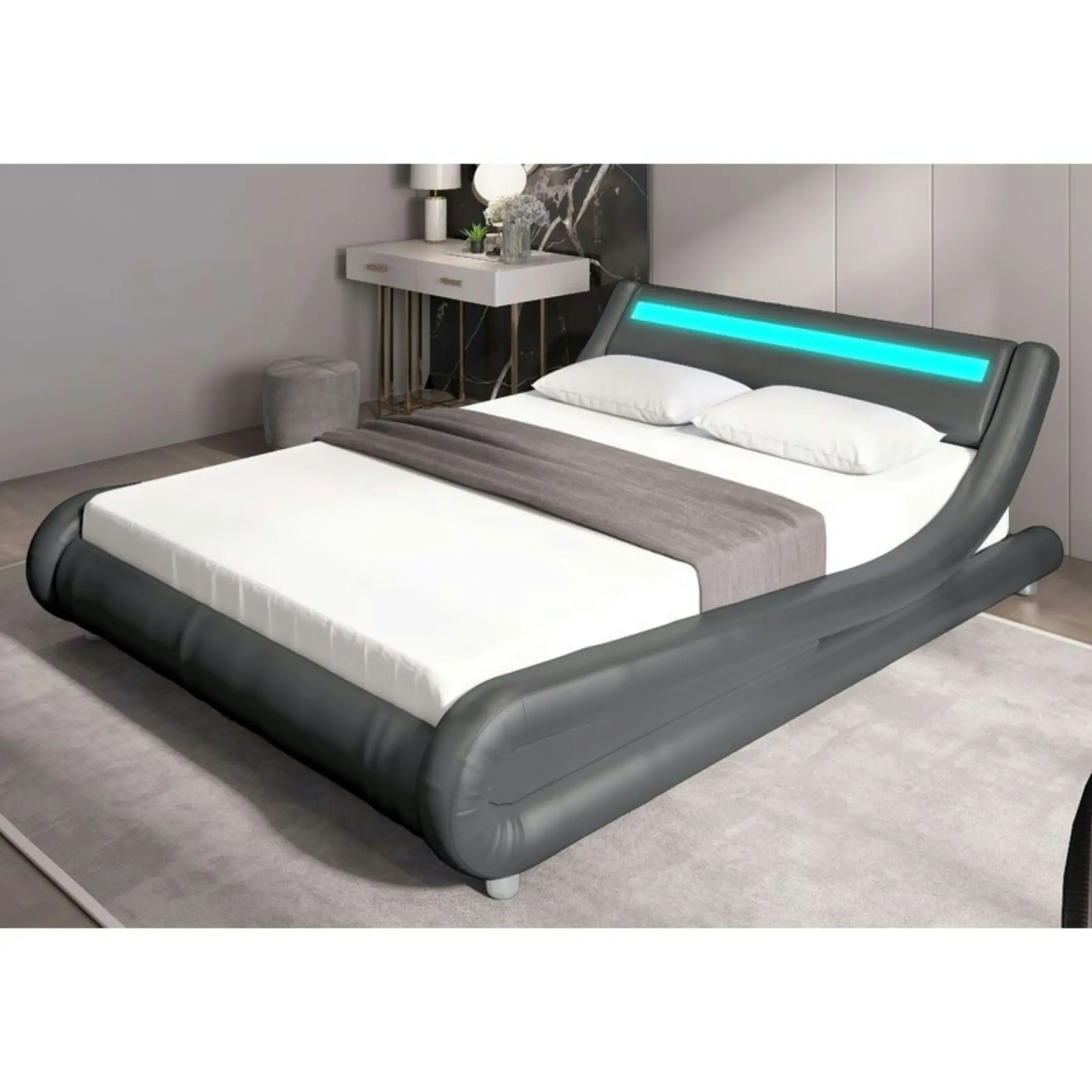 Thomas Grey Double PU Bed with LED Light