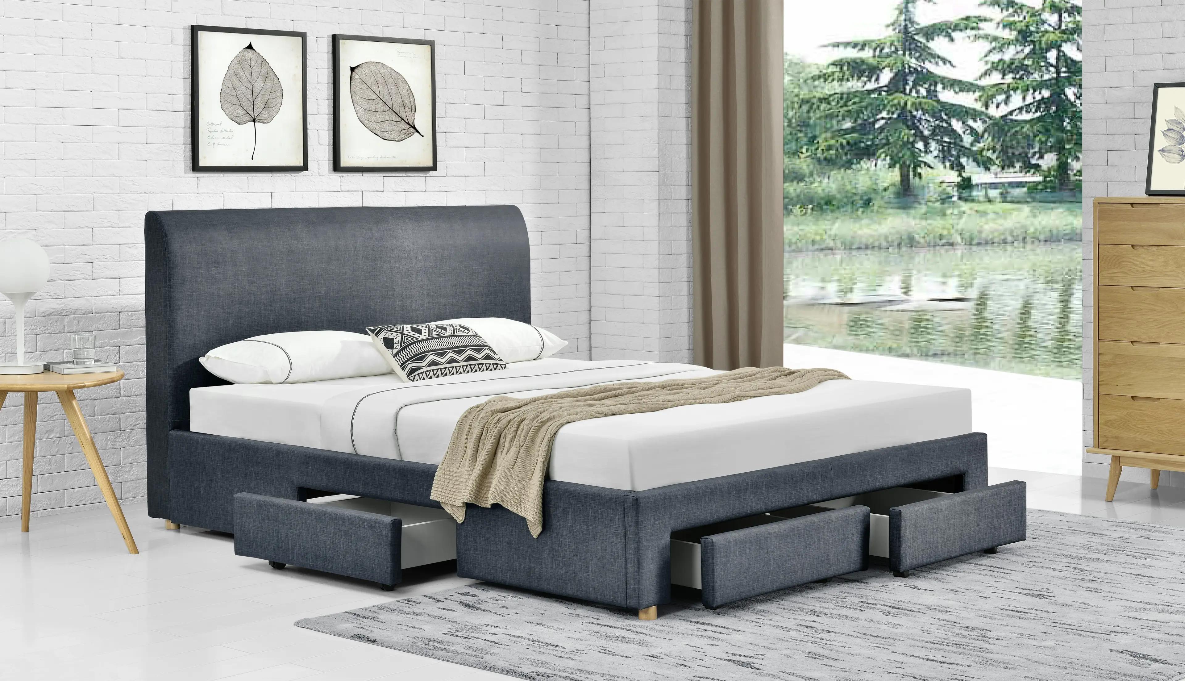 Lucas Fabric Bed 4 Drawers Queen - Linen Dark Grey