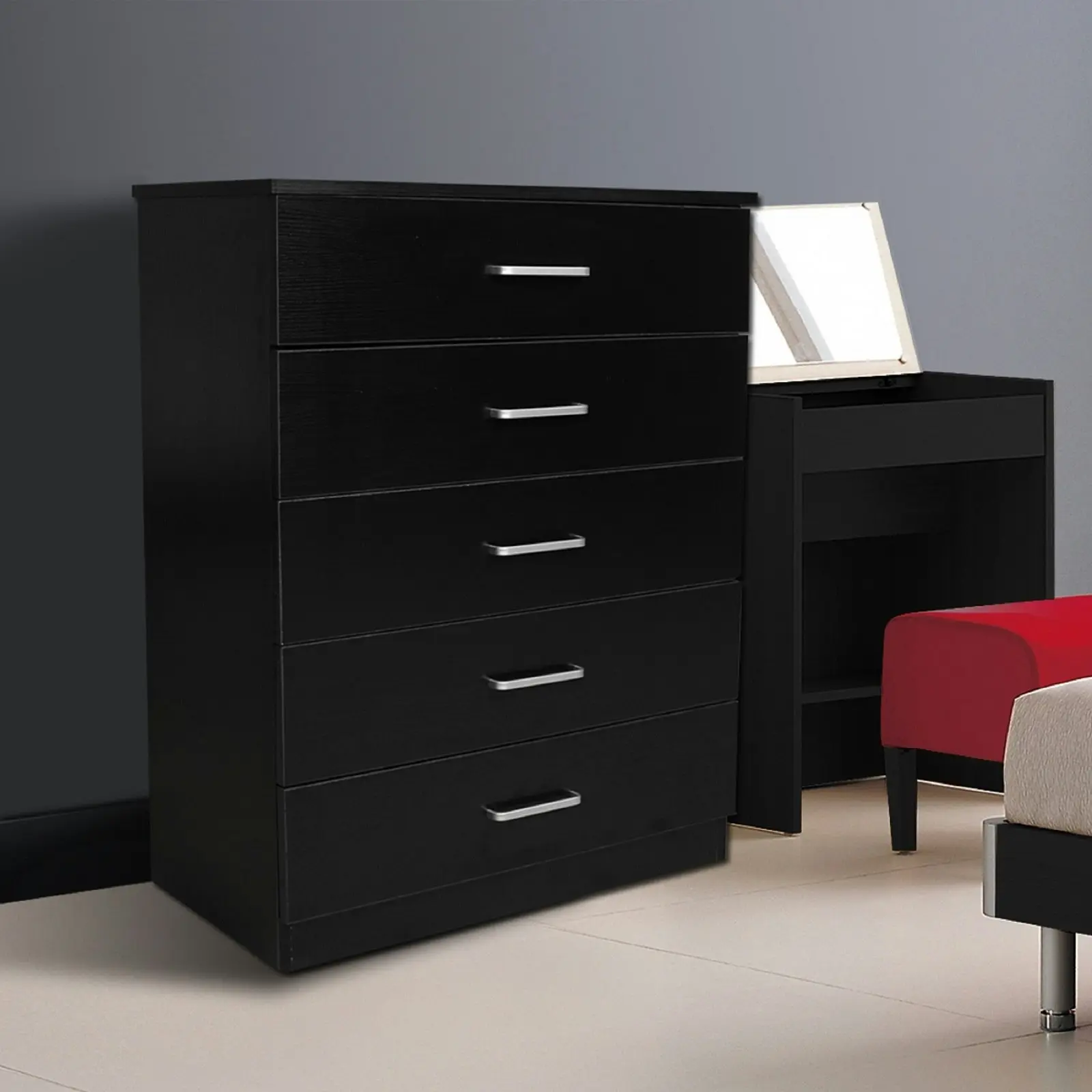 HEQS 5 Drawers Chest (Tallboy) - Black