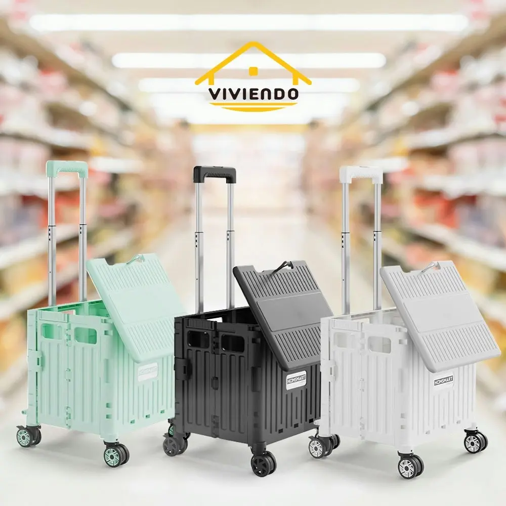 Viviendo Folding Shopping Trolley Portable Grocery Cart Rolling Wheel with Sliding Cover - White