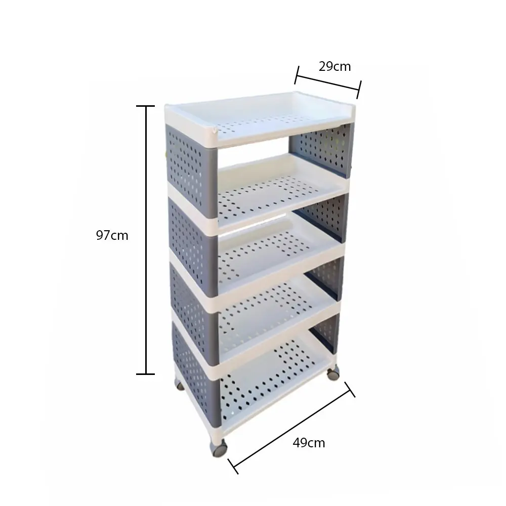 Viviendo 5 Tier Organiser Trolley Plastic Rolling Cart Home Storage Kitchen White Grey