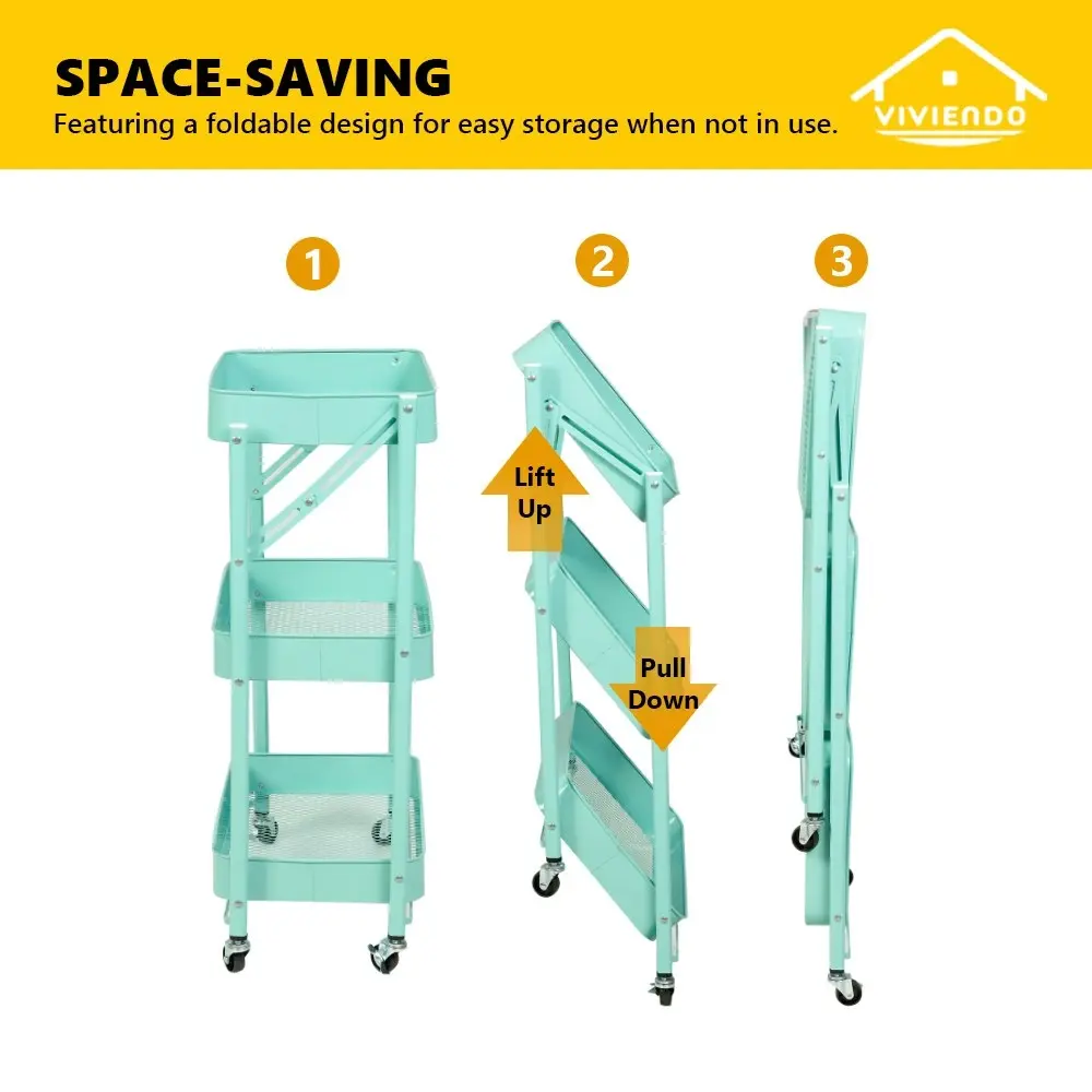 Viviendo 3 Tier Organiser Trolley Foldable Metal Utility Rolling Cart Home Storage Kitchen - Mint