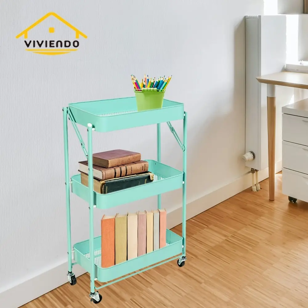 Viviendo 3 Tier Organiser Trolley Foldable Metal Utility Rolling Cart Home Storage Kitchen - Mint