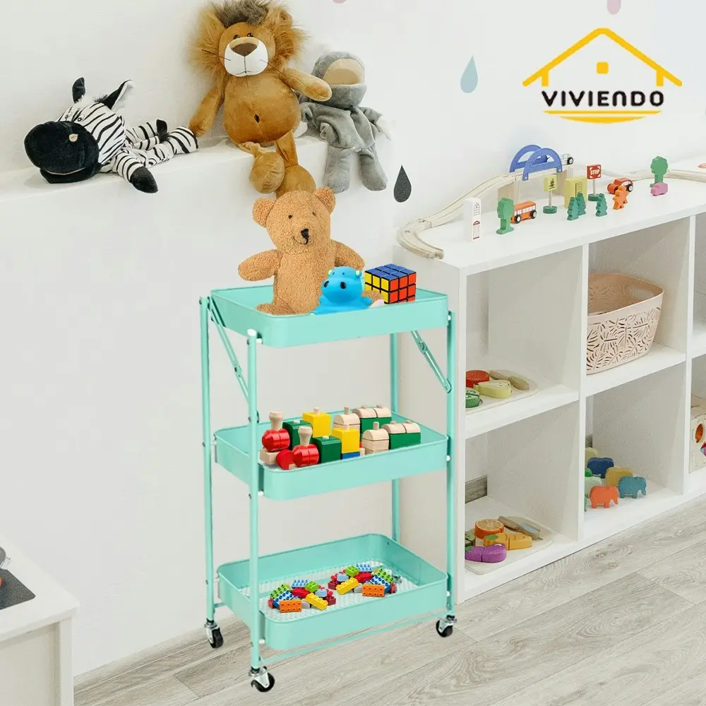 Viviendo 3 Tier Organiser Trolley Foldable Metal Utility Rolling Cart Home Storage Kitchen - Mint