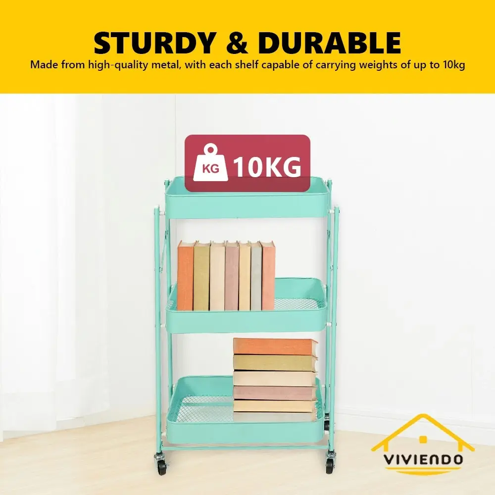 Viviendo 3 Tier Organiser Trolley Foldable Metal Utility Rolling Cart Home Storage Kitchen - Mint