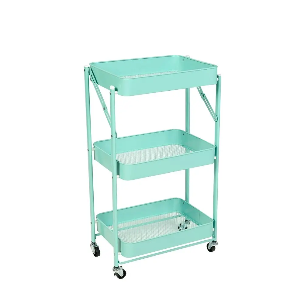 Viviendo 3 Tier Organiser Trolley Foldable Metal Utility Rolling Cart Home Storage Kitchen - Mint