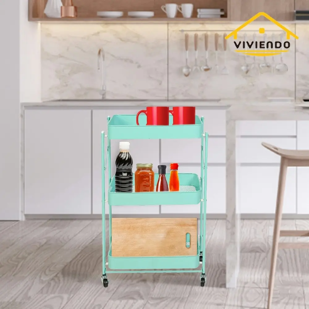 Viviendo 3 Tier Organiser Trolley Foldable Metal Utility Rolling Cart Home Storage Kitchen - Mint