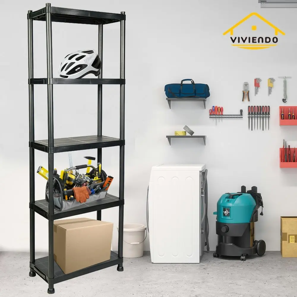 Viviendo 5 Tier Shelving Rack Organiser Plastic Home Storage Garage Multipurpose - Black