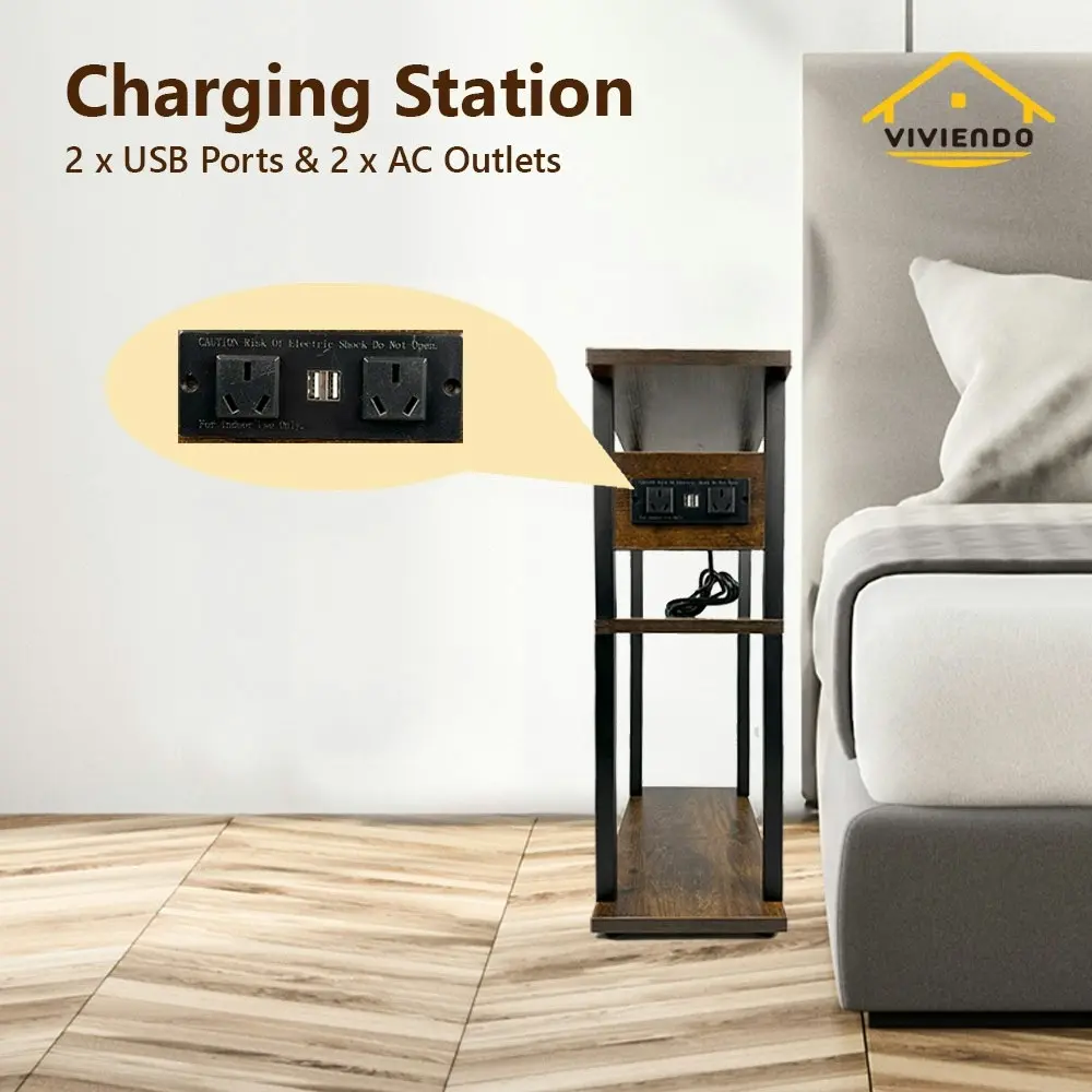 Viviendo Smart Side Table Bedside End with Charging Station USB Ports and Power Outlets