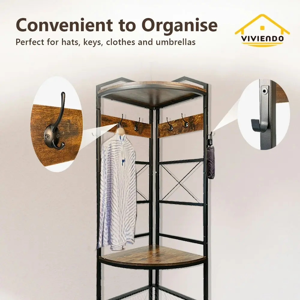 Viviendo 4-Tier Corner Shelf Display Storage Bookcase Coat Shelves with Hooks