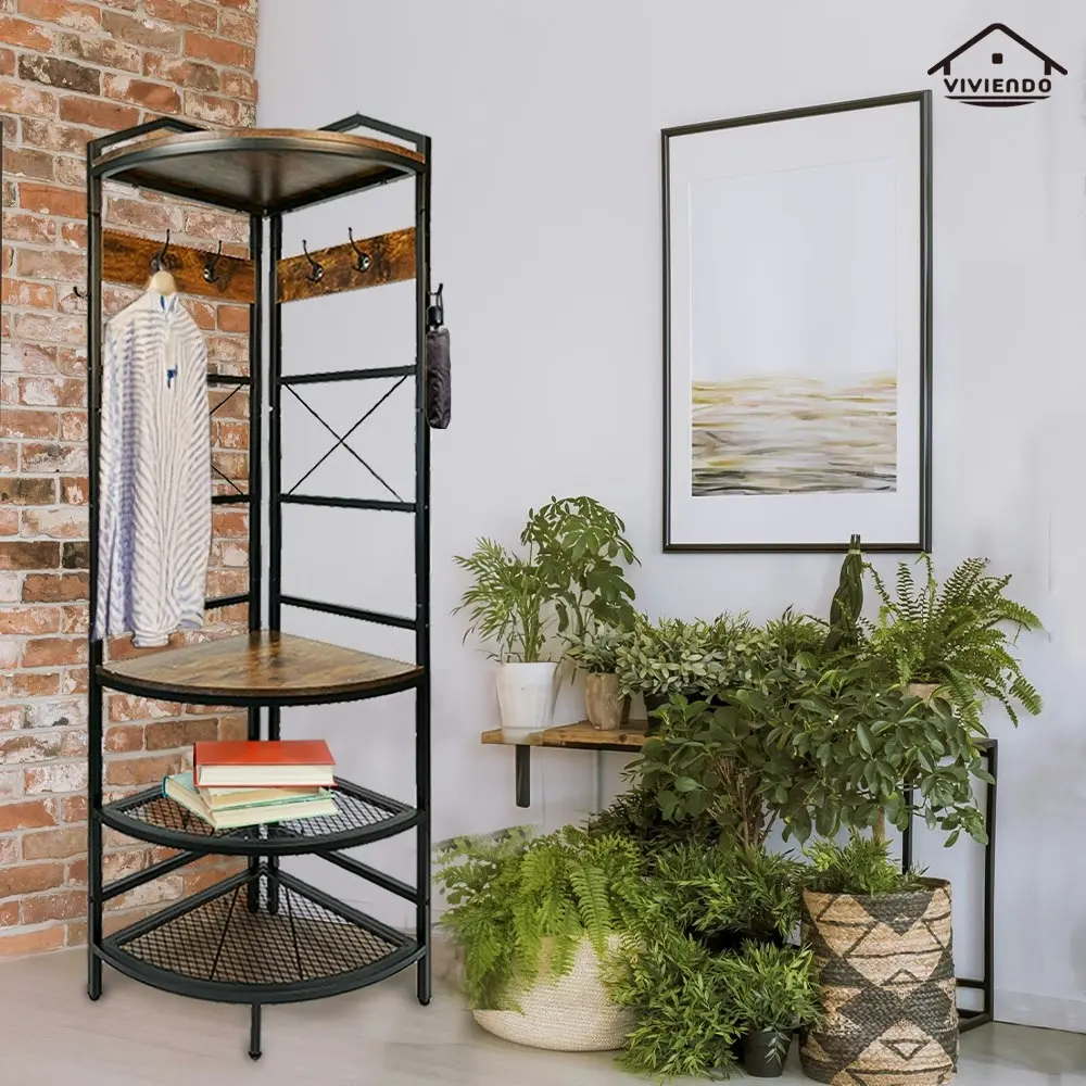 Viviendo 4-Tier Corner Shelf Display Storage Bookcase Coat Shelves with Hooks