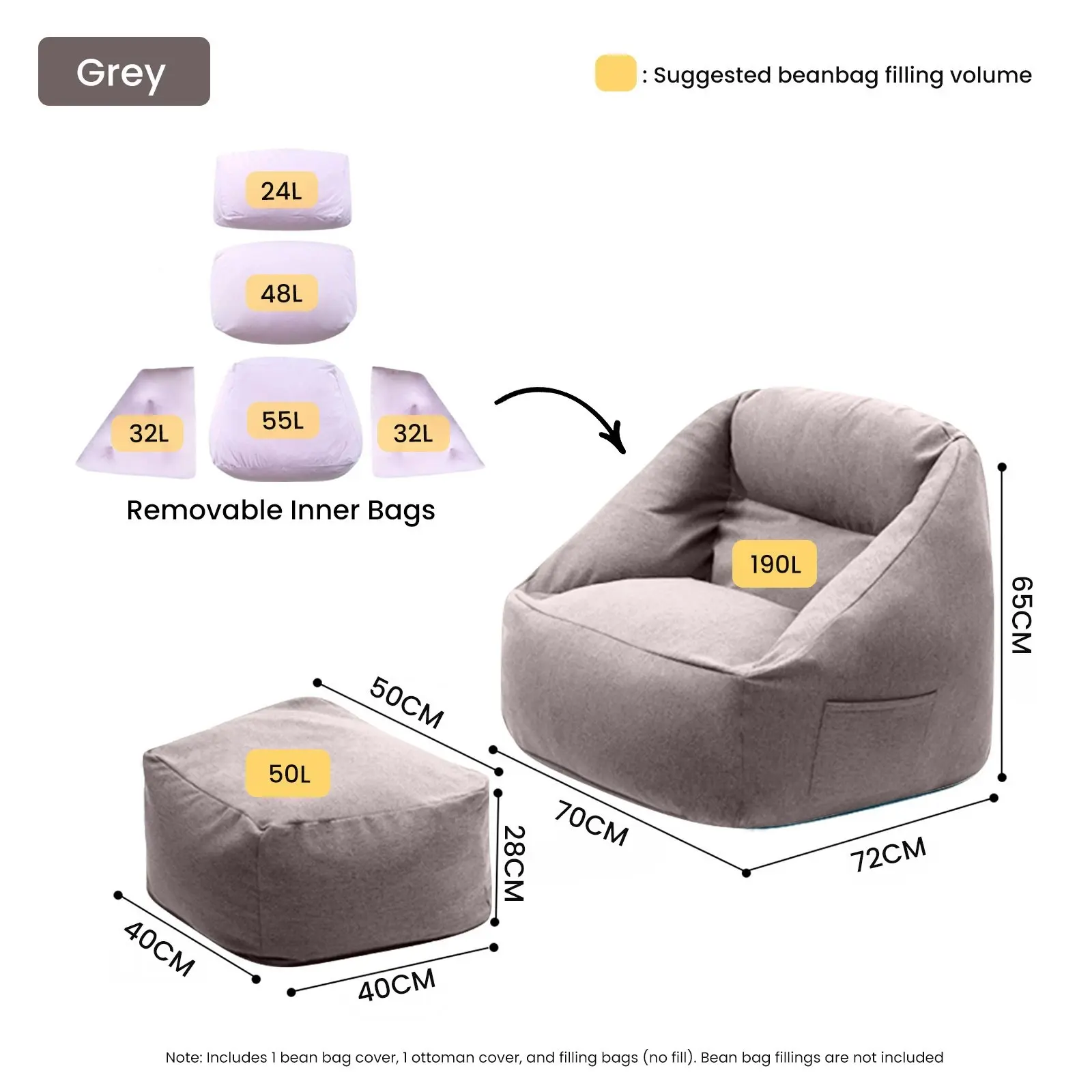 Viviendo Bean Bag Chair Armrest Ottoman Lounger Cover Lazy Sofa Grey Adults Kids