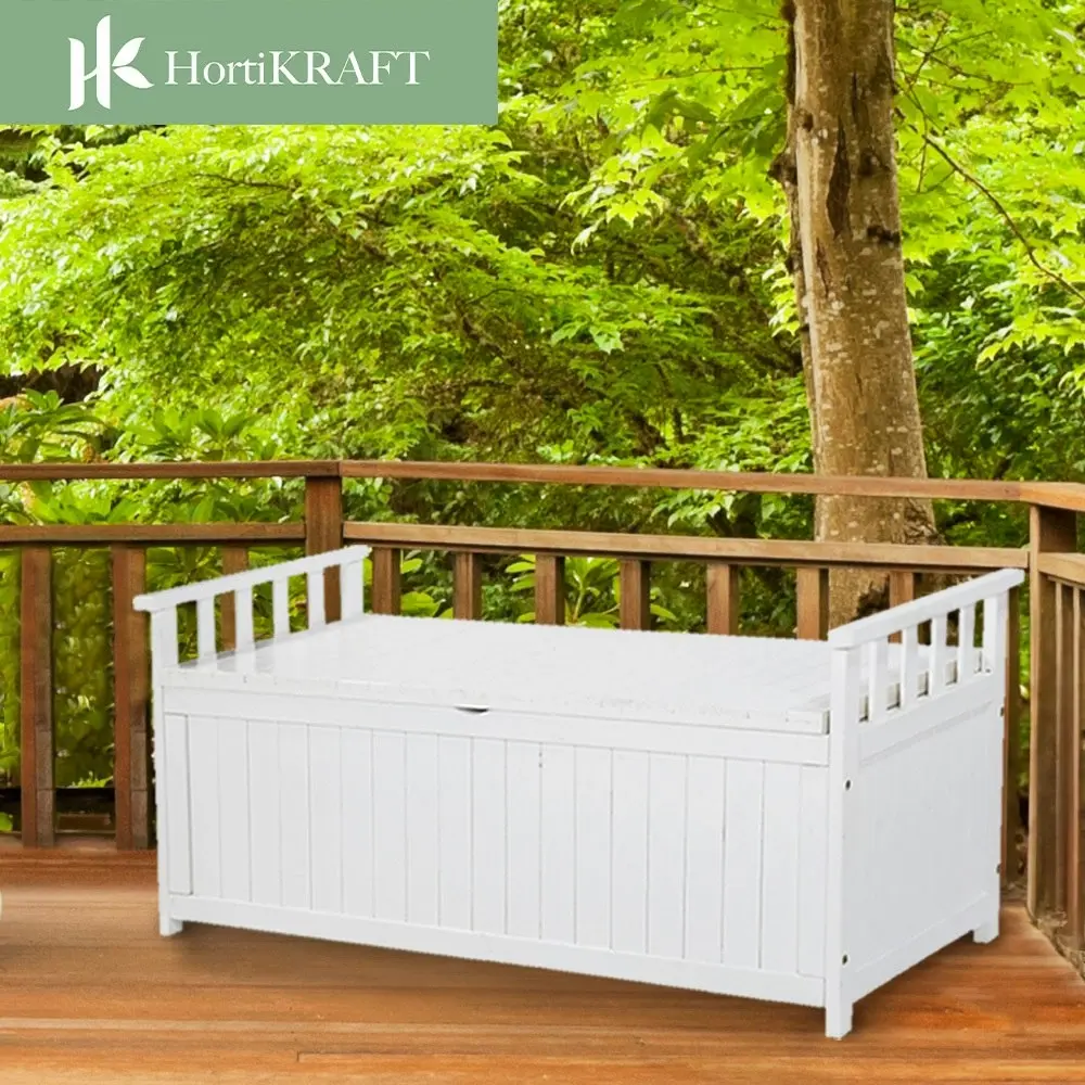 HortiKraft Outdoor Storage Box Wooden Bench Garden Furniture Chest Tool Toys - White