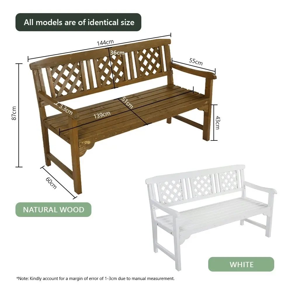 HortiKraft Wooden Garden Bench Outdoor Furniture 3-Seater Lounge Patio Lattice - Natural Wood