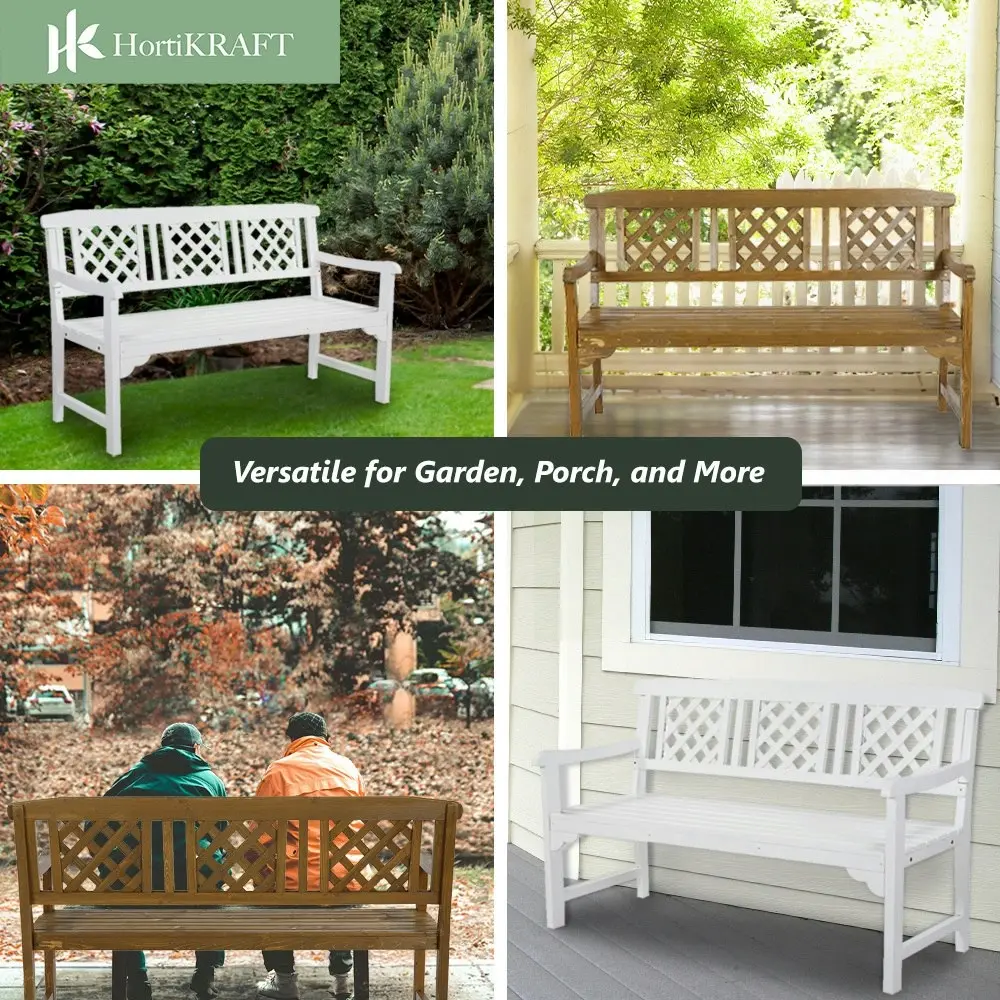 HortiKraft Wooden Garden Bench Outdoor Furnture 3-Seater Lounge Patio Lattice - White