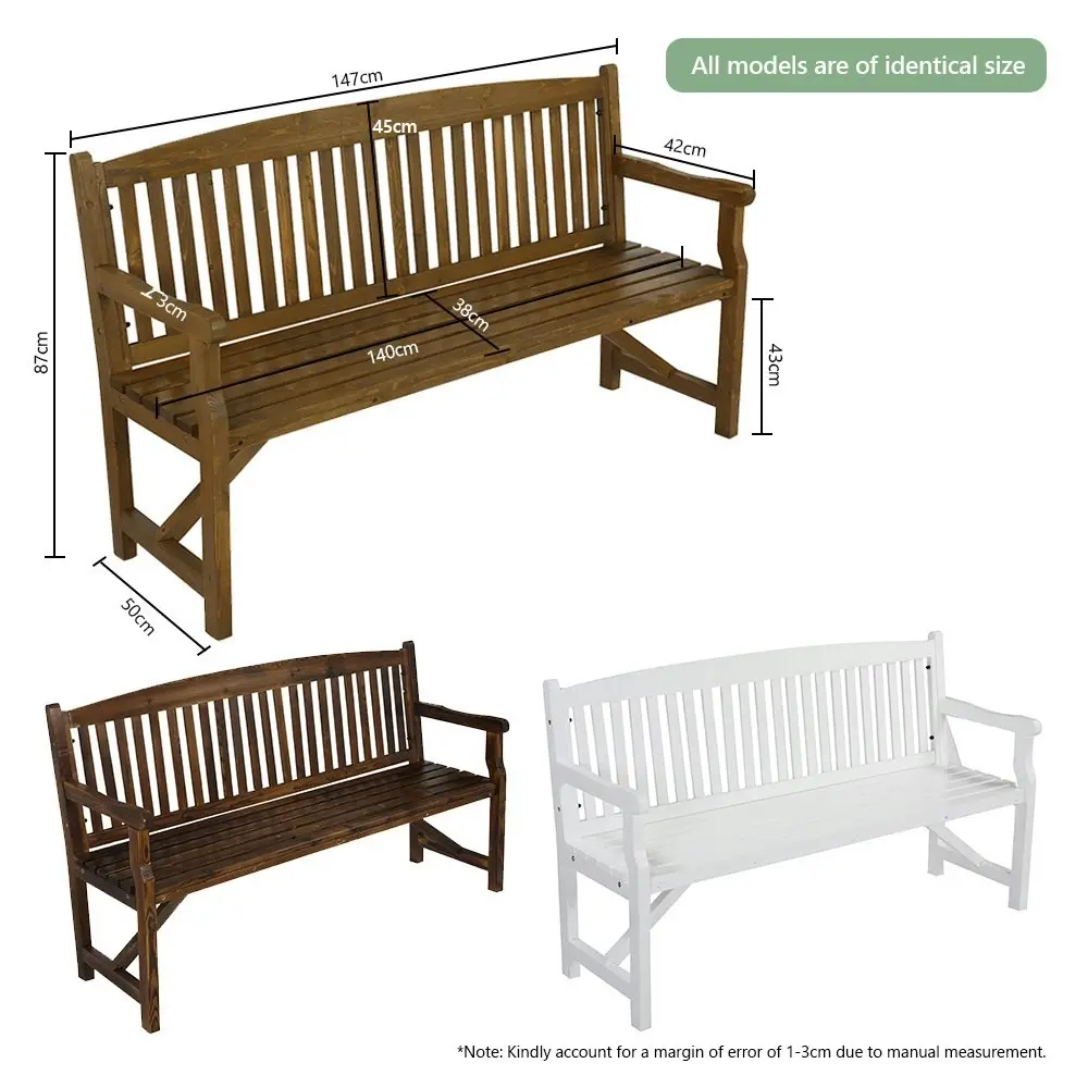 HortiKraft Wooden Garden Bench Outdoor Furniture 3-Seater Lounge Patio White