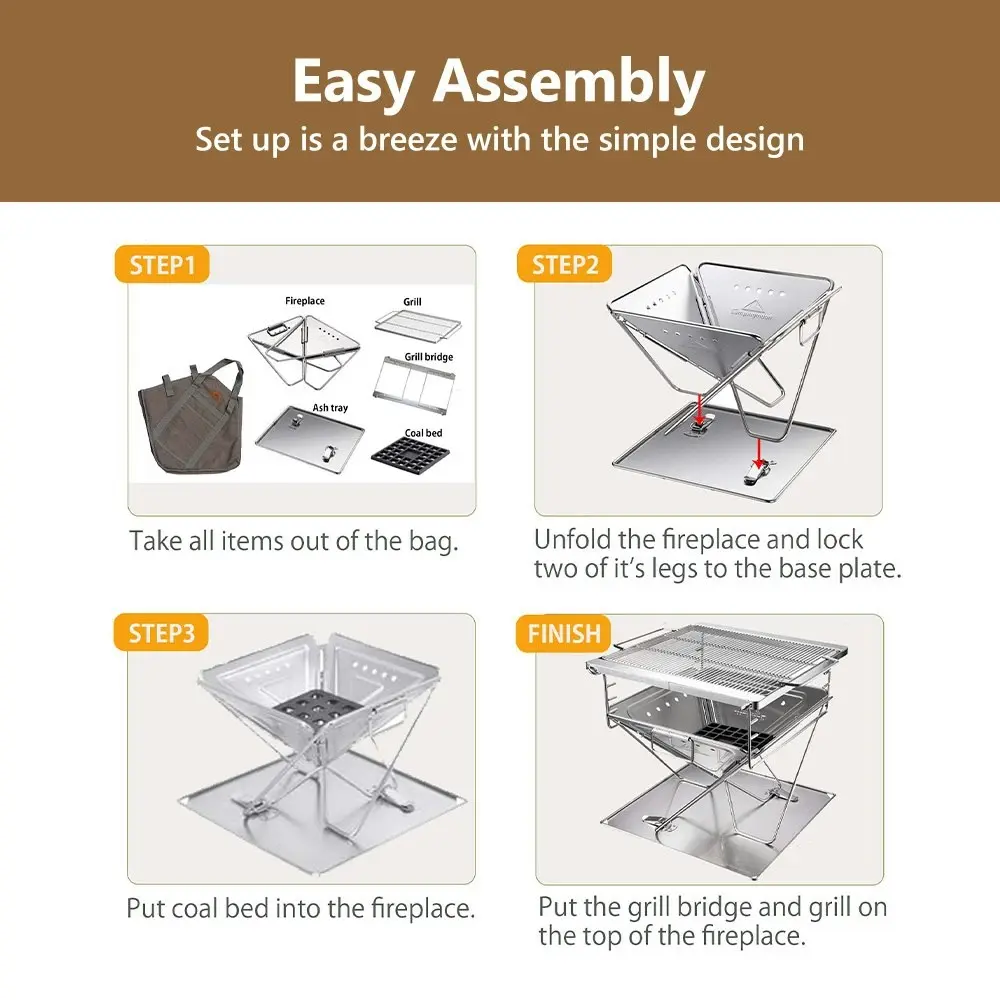 Campingmoon Stove Fire Pit BBQ Grill Adjustable Camping Stainless Steel Large MT-045