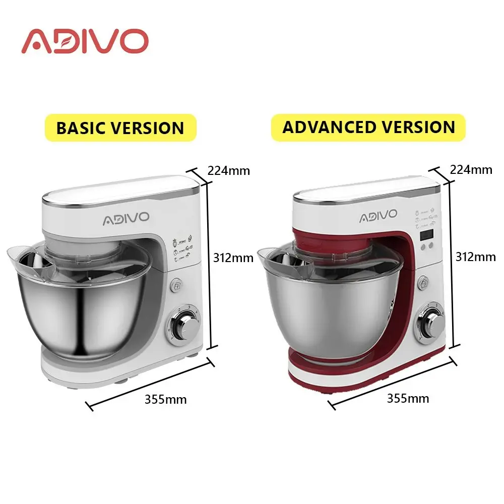 ADIVO 1300W Electric Stand Mixer 6 Speed 5L Kitchen Mixing Machine Whisk Cake Bowl