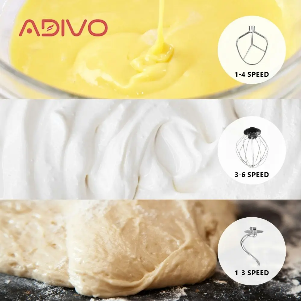 ADIVO 1300W Electric Stand Mixer 6 Speed 5L Kitchen Timer LED Whisk Cake Bowl