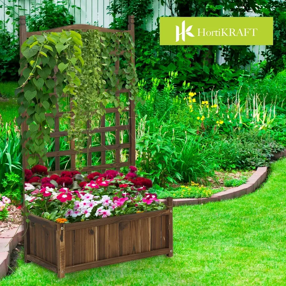 HortiKraft Raised Garden Bed with Trellis Wooden Planter Box for Climbing Plant