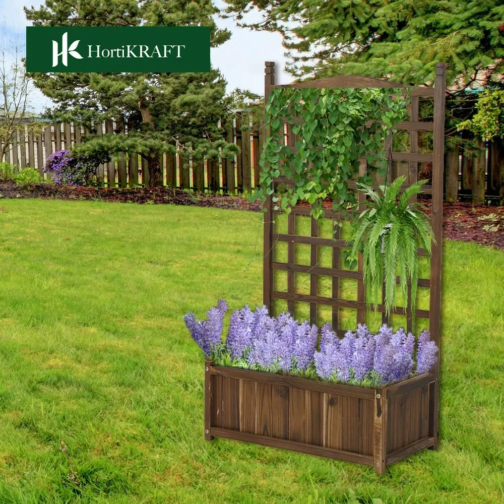 HortiKraft Raised Garden Bed with Trellis Wooden Planter Box for Climbing Plant