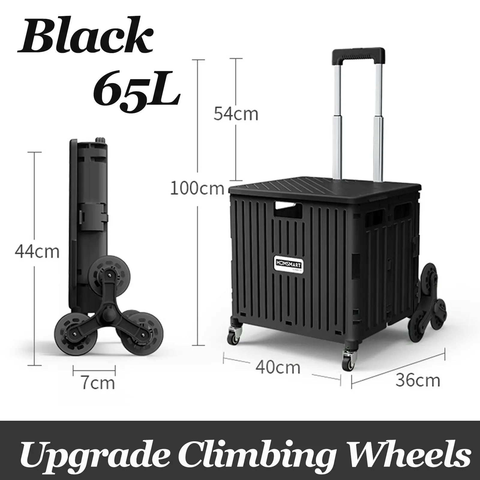 Viviendo 65L Foldable Shopping Trolley Cart Portable Grocery Basket Climbing Wheel with Top Cover - Black