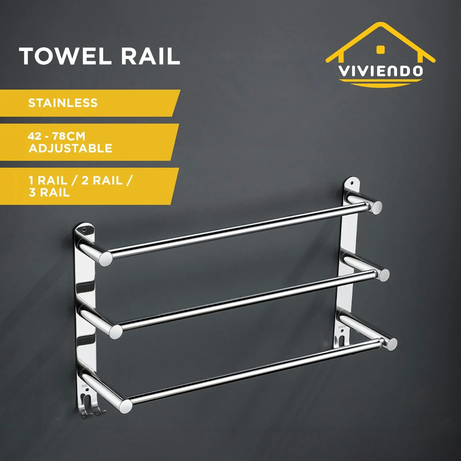 Viviendo Stylish Stainless Steel Adjustable Bathroom Towel Rack Rail Holder with Hooks â€“ 3 Tiers