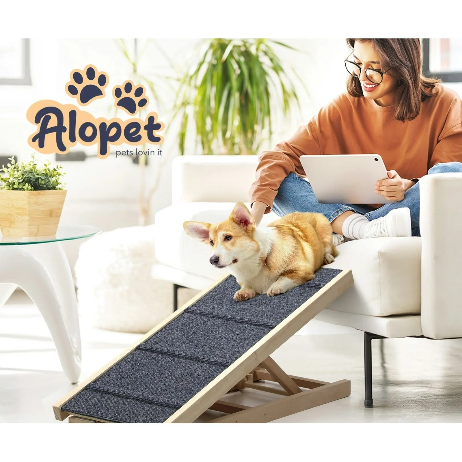 Alopet Dog Pet Ramp Adjustable Height Stairs Bed Sofa Car Foldable 100cm